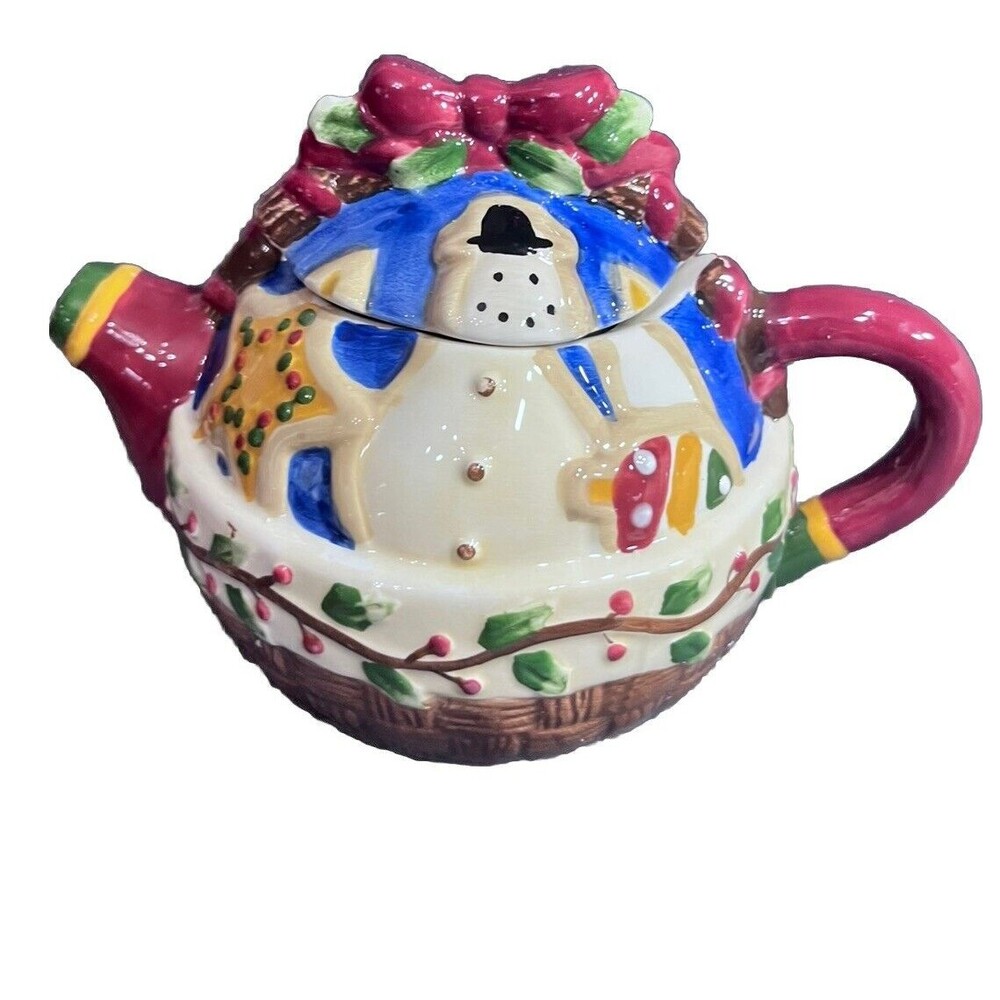 Debbie Mumm Mini Teapot Christmas Snowman Hand Painted Collector Series NOS Vtg